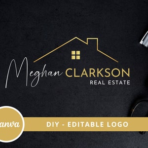 May include: A gold outline of a house with a window, the text "Meghan Clarkson Real Estate" in white text below the house, and the word "Canva" in a gold circle on the bottom left.