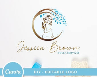 DIY Doula bewerkbare logo sjabloon, verloskundige premade logo ontwerp, levensboom logo, logo ontwerp zwangere vrouw, bewerkbaar verloskundig logo.
