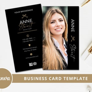 Business Card Template, Real Estate Agent, Black and Gold Vertical Card for Realtor, Double Sided Card, Canva Template - Instant Access PDF
