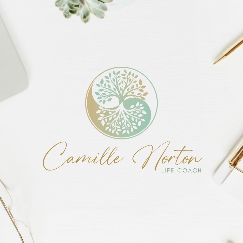 Yoga Tree Logo Design, Nature Balance Design, Yin Yang Logo, Yoga Logo, Wellness Logo, Life Coaching, Logo Baum, Psychology Logo, Watercolor image 1