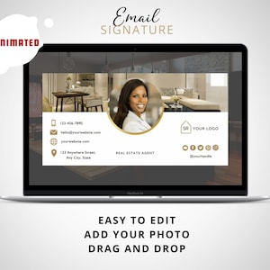 Puede incluir: Plantilla de firma de correo electrónico animada con una foto de mujer, información de contacto e iconos de redes sociales. La plantilla está diseñada para agentes inmobiliarios y presenta una combinación de colores dorado y negro.