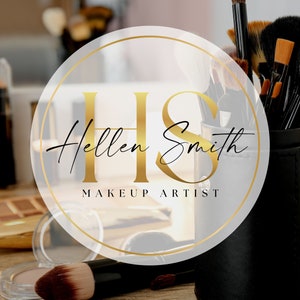May include: A gold and white logo with the text "Hellen Smith Makeup Artist" in a circle. The logo is on a table with makeup brushes and a makeup palette.