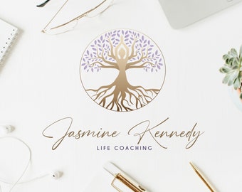 Design del logo dell'albero della vita, viola e oro, yoga, spa, life coach, psicologia, logo del life coaching del benessere, PDF, PNG, SVG, loghi rotondi Submark