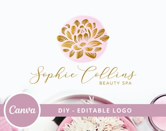 Diseño de logotipos de spa de belleza DIY, acceso instantáneo, logotipo de bienestar, logotipo de flor de loto, logotipo de cosmética, logotipo de meditación, logotipo de flor curativa, logotipo de yoga