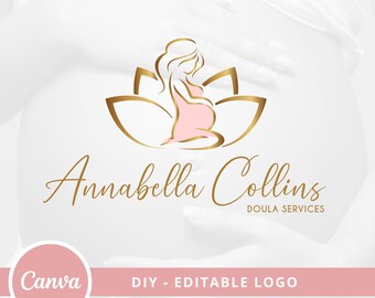 DIY Doula Logo Template, Lotus Flower, Pregnancy Yoga (Editable Canva Design)