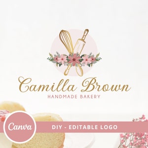 DIY Vintage Bakery Logo Design, Canva Editable Logo, Pastries Logo, Cake Logo, Watercolor Floral Bakery Shop Logo, Handmade Bakery Logo.