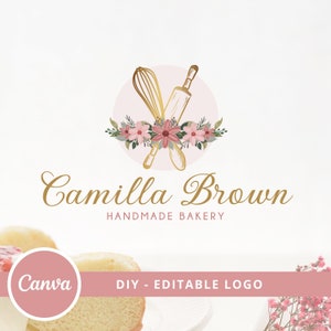 DIY Vintage Bakery Logo Design, Canva Editable Logo, Pastries Logo, Cake Logo, Watercolor Floral Bakery Shop Logo, Handmade Bakery Logo. image 1