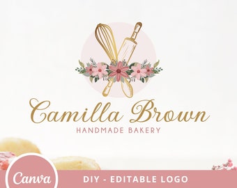 DIY Vintage Bakery Logo Design, Canva Editable Logo, Pastries Logo, Cake Logo, Watercolor Floral Bakery Shop Logo, Handmade Bakery Logo.