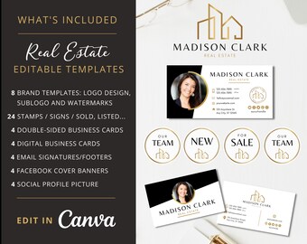 DIY Real Estate Branding Pack: Logo Designs, Business Card, Stamps, Email Signature, Social Banner... Editable Templates - Instant Access