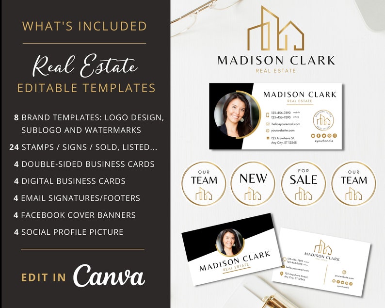 DIY Real Estate Branding Pack: Logo Designs, Business Card, Stamps, Email Signature, Social Banner... Editable Templates Instant Access image 1