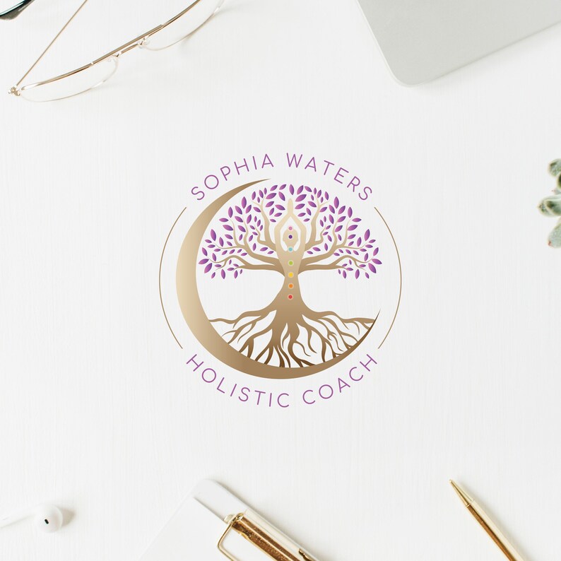 Tree of Life Holistic Logo, Tree Woman Logo. Premade Wellness Logo, Tree Moon Life Coaching Logo, Chakras Logo Design, Healing Logo Design. image 7