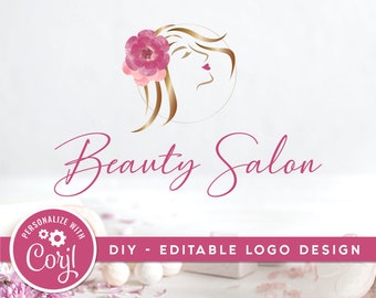 DIY Beauty Salon Logo Design, Editable Make Up Logo, Hair Stylist Logo, Woman Logo, Hair Logo Template, Corjl Editable Logo Instant Download