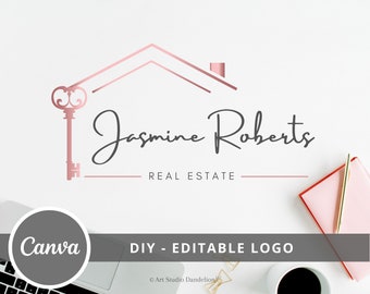 DIY Premade Logo, Editable Canva Template is a Rose Gold Real Estate Agent Logo. Vintage Key House Logo. Edit Yourself - Instant Access