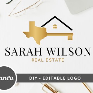 May include: A gold key with a house on top and the state of Texas as the key's handle. The text "SARAH WILSON REAL ESTATE" is below the key.