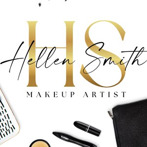 May include: Gold H and S logo with the text "Hellen Smith MAKEUP ARTIST" on a white background.  There are makeup brushes, a lipstick, and a small pouch on a white surface.