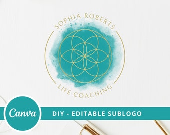 DIY Logo Design Watercolor Flower of Life, Geometric Logo, Sacred Geometry Art, Wellness, Life Coaching, Mandala, Yoga Logo - Instant Access