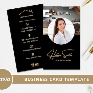 Business Card Template, Real Estate Agent, Black and Gold Realtor Card - Canva Template - Double Sided Card Template - Instant Access PDF