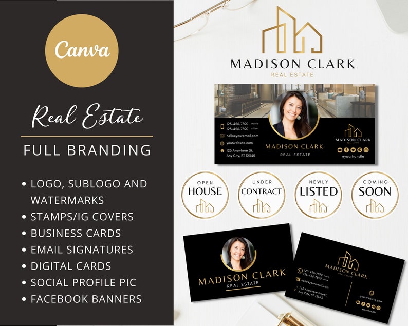 DIY Real Estate Branding Pack: Logo Designs, Business Card, Stamps, Email Signature, Social Banner... Editable Templates Instant Access image 4