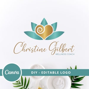 Lotus Heart Editable Logo Design, Premade Wellness Logo,  Life Coaching Logo, Yoga Logo, Natural Therapy Logo, Spa Massage & Cosmetics Logo.