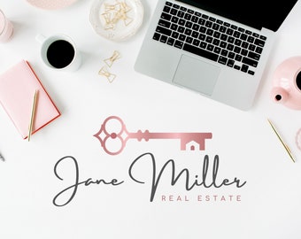 PREMADE LOGO for Real Estate Agents,  Rose Gold Key House Branding: Main Logo, Submark Logos and Watermarks - Realtor Personalized branding