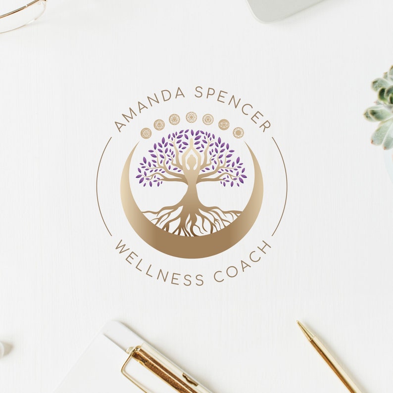 Tree of Life Logo Design, Tree Woman Premade Logo, Holistic Moon en ChaKras Logo, Yoga, Spa, Life Coach, Psychologie, Wellness, Natuurgeneeskunde. afbeelding 5