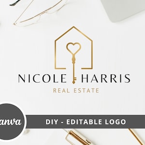 DIY Real Estate Logo Design, Fully Editable, Canva Template, Heart and Key Logo, Black Gold Designs, Real Estate Marketing, Instant Access
