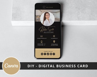 May include: A black and gold digital business card with a photo of a woman in a circle. The card includes the text "Hallen Smith, Real Estate Agent" and contact information. The card also includes icons for social media.