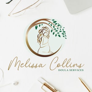 Design de logotipo pré-fabricado, logotipo de parteira, Hebamme, obstetrícia, logotipo de gravidez, logotipo de doula de nascimento, dourado e verde, gravidez na barriga, logotipo feminino,