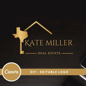 May include: Gold logo design for a real estate agent named Kate Miller. The logo features a house outline with a key and the state of Texas inside. The text "Kate Miller Real Estate" is below the house.