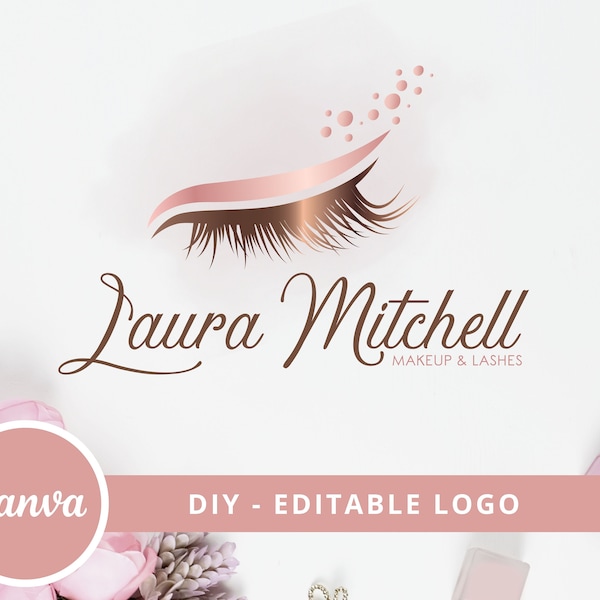 DIY Lash Logo Design, Rose Gold Signature Lash Logo. Instant Access Editable Template. Beauty Salon Logo - Easy to Use, Edit and Download!