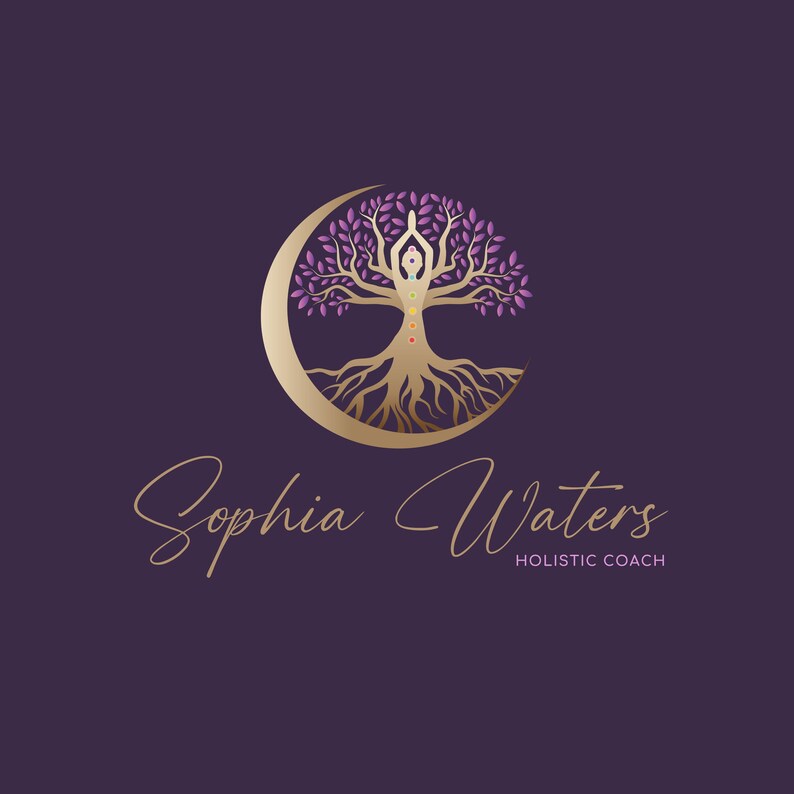 Tree of Life Holistic Logo, Tree Woman Logo. Premade Wellness Logo, Tree Moon Life Coaching Logo, Chakras Logo Design, Healing Logo Design. image 1