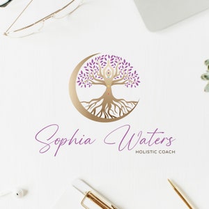 Tree of Life Holistic Logo, Tree Woman Logo. Premade Wellness Logo, Tree Moon Life Coaching Logo, Chakras Logo Design, Healing Logo Design. image 1