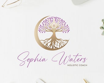 Tree of Life Holistic Logo, Tree Woman Logo. Premade Wellness Logo, Tree Moon Life Coaching Logo,  Chakras Logo Design, Healing Logo Design.