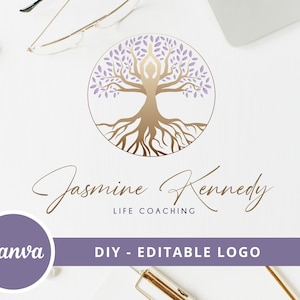 DIY Tree Of Life Logo Design. Editable Wellness Logo Template, Yoga Logo, Psychology Logo, Spiritual Logo, Purple Gold Logo - Instant Access
