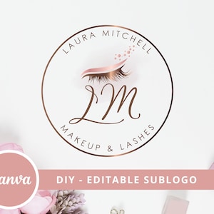May include: A logo for a makeup and lash business called "Laura Mitchell Makeup & Lashes". The logo features a stylized eye with long lashes and the initials "LM" in a script font. The logo is in a circle with a gold outline.