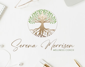 Logo arbre de vie, logo yoga. Logo préfabriqué pour le coaching de vie bien-être, psychologie, logo du cercle de vie, racines humaines, logo de spa, logo de cosmétique