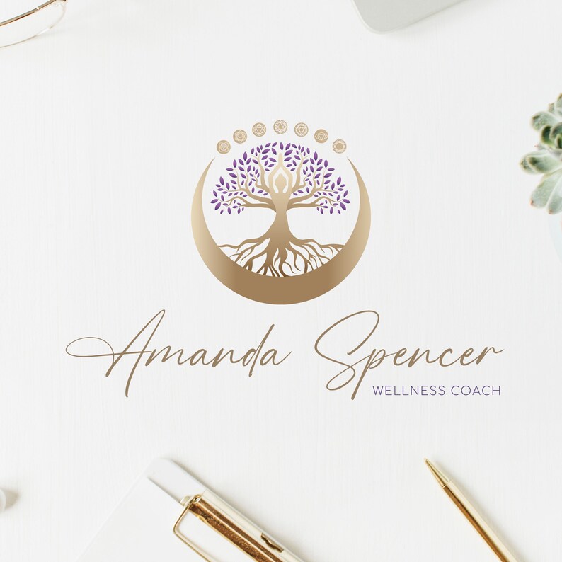 Tree of Life Logo Design, Tree Woman Premade Logo, Holistic Moon en ChaKras Logo, Yoga, Spa, Life Coach, Psychologie, Wellness, Natuurgeneeskunde. afbeelding 3