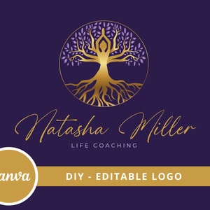 Editable Logo Template - Golden Tree Of Life Logo Design. Natuyre Human Tree Logo, Spiritual Wellness Purple, Gold, Yoga, Psychology Logo