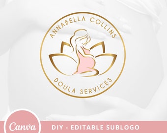 Modèle de logo modifiable DIY Doula, création de logo préfabriqué pour sages-femmes, logo Lotus Doula, création de logo de yoga grossesse, logo modifiable de sage-femme.