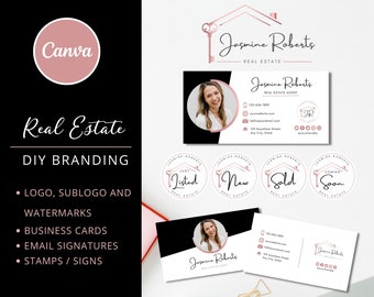DIY Real Estate Agent Kit. Rose Gold Branding Tempaltes: Logos, Sublogos, Business Cards, Email Signatures, and Stamps - Instant Access