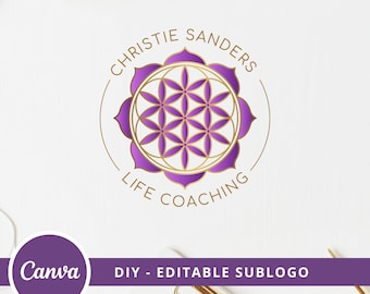 Logo modificabile Mandala del fiore della vita, logo del benessere, logo del modello Canva fai da te, logo spirituale, logo del life coaching, logo della geometria sacra.