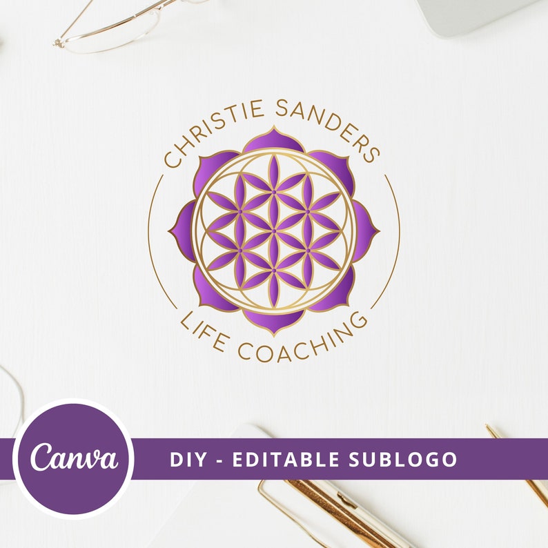 Flower Of Life Mandala Editable Logo, Wellness Logo, DIY Canva Template Logo, Spiritual Logo, Life Coaching Logo, Sacred Geometry Logo. image 1