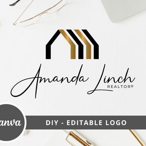 May include: A black and gold house logo with the text "Amanda Lynch REALTOR®" in a handwritten font. The logo is on a white background with a grey "Canva" logo and the text "DIY - EDITABLE LOGO" below it.