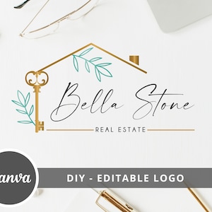 Editable Logo Template, DIY Real Estate Logo Design - Canva Template - Gold and Teal House and Leaves - Instant Access, Edit & Download