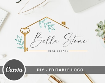 Editable Logo Template, DIY Real Estate Logo Design - Canva Template - Gold and Teal House and Leaves - Instant Access, Edit & Download