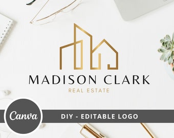 DIY-Immobilien-Logo-Design, vollständig bearbeitbar, Canva-Vorlage, modernes Gebäude-Logo, Realtor-Logo, Real-Ease-Branding, sofortiger Zugriff