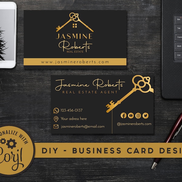 Editable Business Card for Real Estate Agents. DIY Realtor Card Template Design. Print-Ready High-Resolution Instant Download