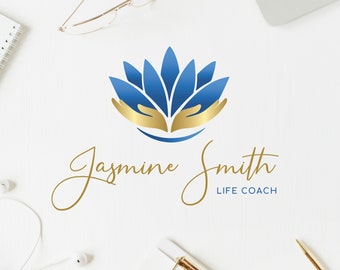 Wellness Logo Design, Yoga Logo, Lotus Logo, Hand Logo, Life Coach, Psychology Logo, Counseling, Blue and Gold Spiritual Logo Design