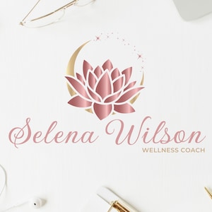 Rose Gold Moon Lotus Flower Premade Logo Design, Spa & Wellness Center, Life Coaching, Psychology Logo - I will customize this logo for you