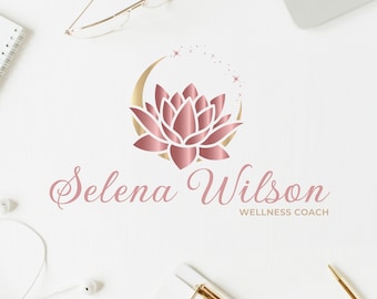 Rose Gold Moon Lotus Flower Premade Logo Design, Spa & Wellness Center, Life Coaching, Psychology Logo - I will customize this logo for you